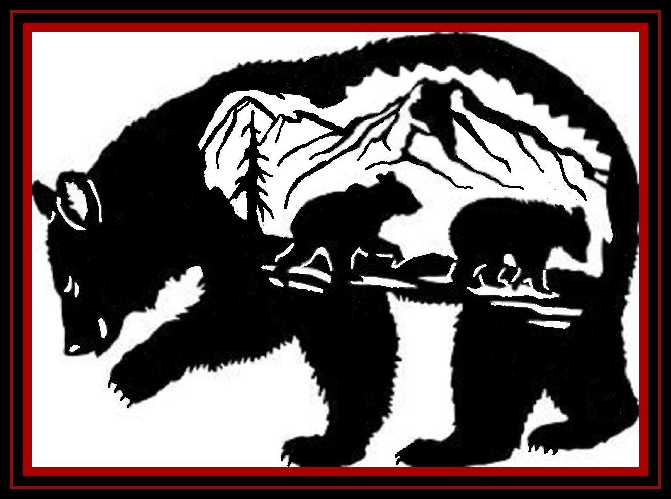 Black bear silhouette with mountains and a river scene inside, framed by red and black borders