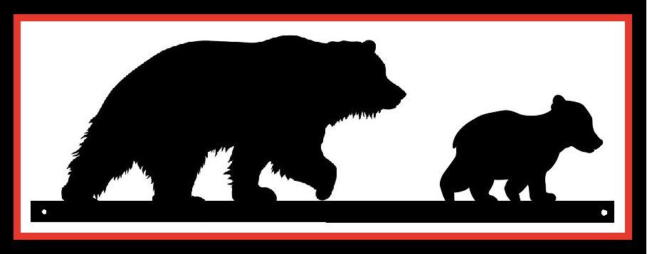 Black silhouettes of a bear and cub walking on a white background with a red border.