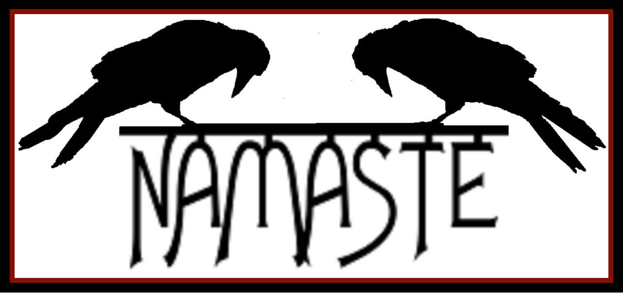 Two black birds perched above the word “NAMASTE” in stylized black text on a white background.