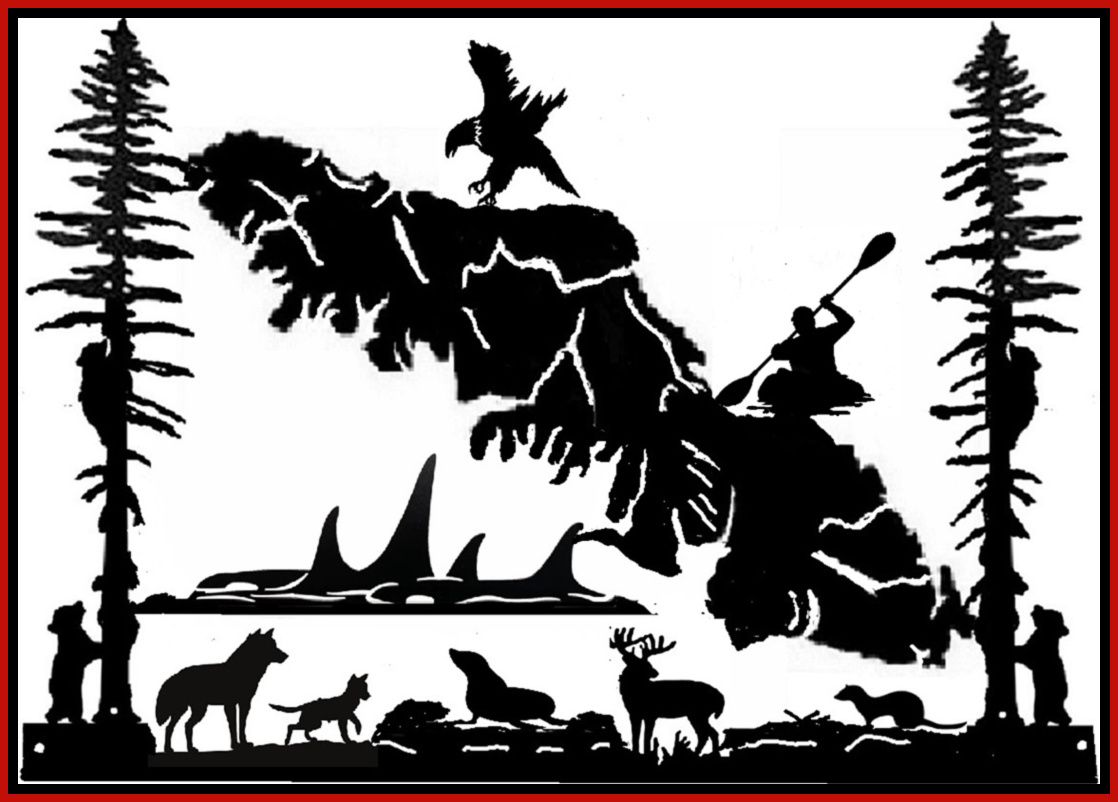 Black silhouette of wildlife on a rocky island with birds and moose, framed by tall trees and a red border