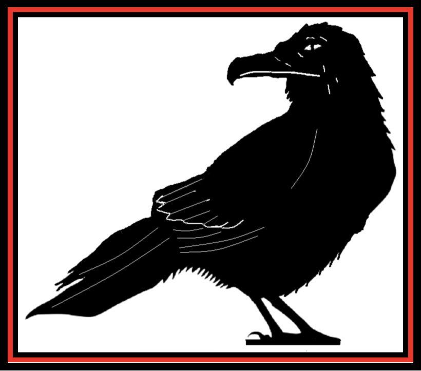 Black raven silhouette on white background with a red and black border