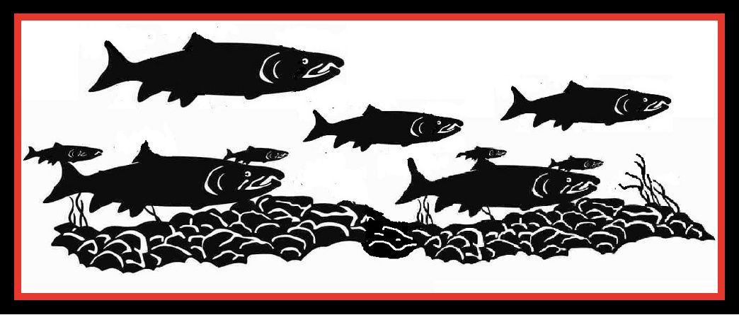 Black fish silhouettes swimming above a dense school of small fish, framed by a red border.