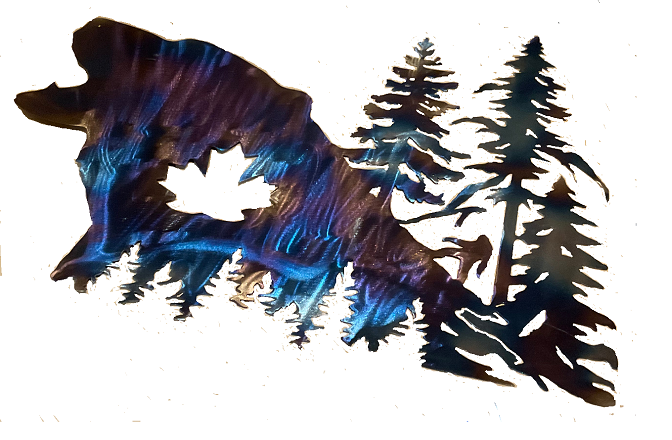 Bear silhouette with pine trees and blue-purple watercolor fill on white background