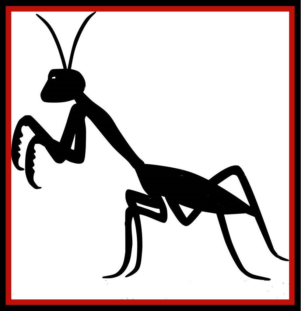 Black praying mantis silhouette on a white background with a red border