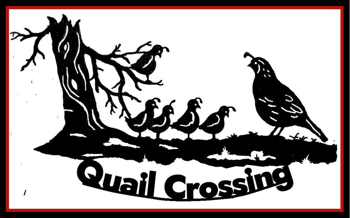 Black silhouettes of quail birds under a tree with the words