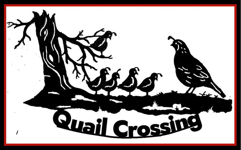 Black silhouette of quail family crossing road under a tree, with “Quail Crossing” text below