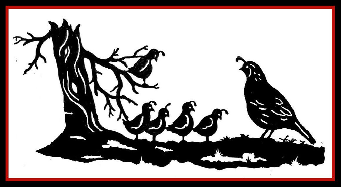 Black silhouette of a leafless tree with birds perched on branches and ground beside a larger bird on white background