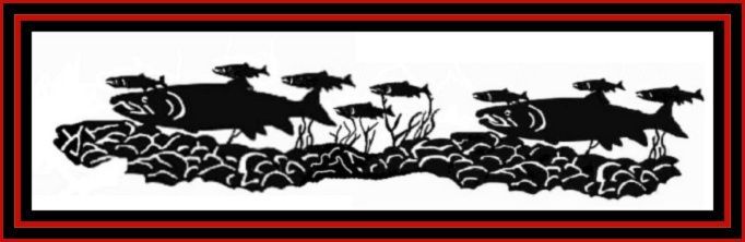 Black silhouettes of animals moving across a white panel with red and black borders
