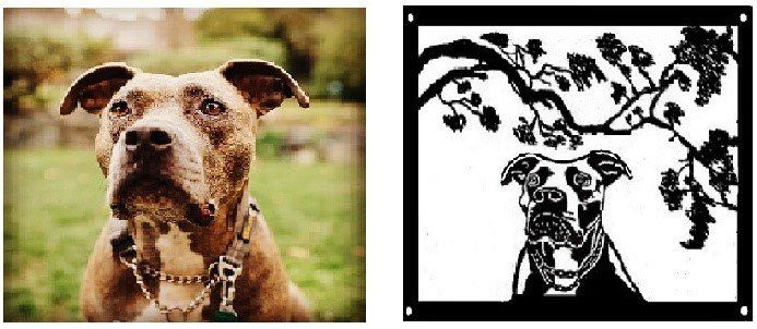 Side-by-side dog portrait: a brown dog outdoors and a black-and-white stencil of the same dog under a branch.