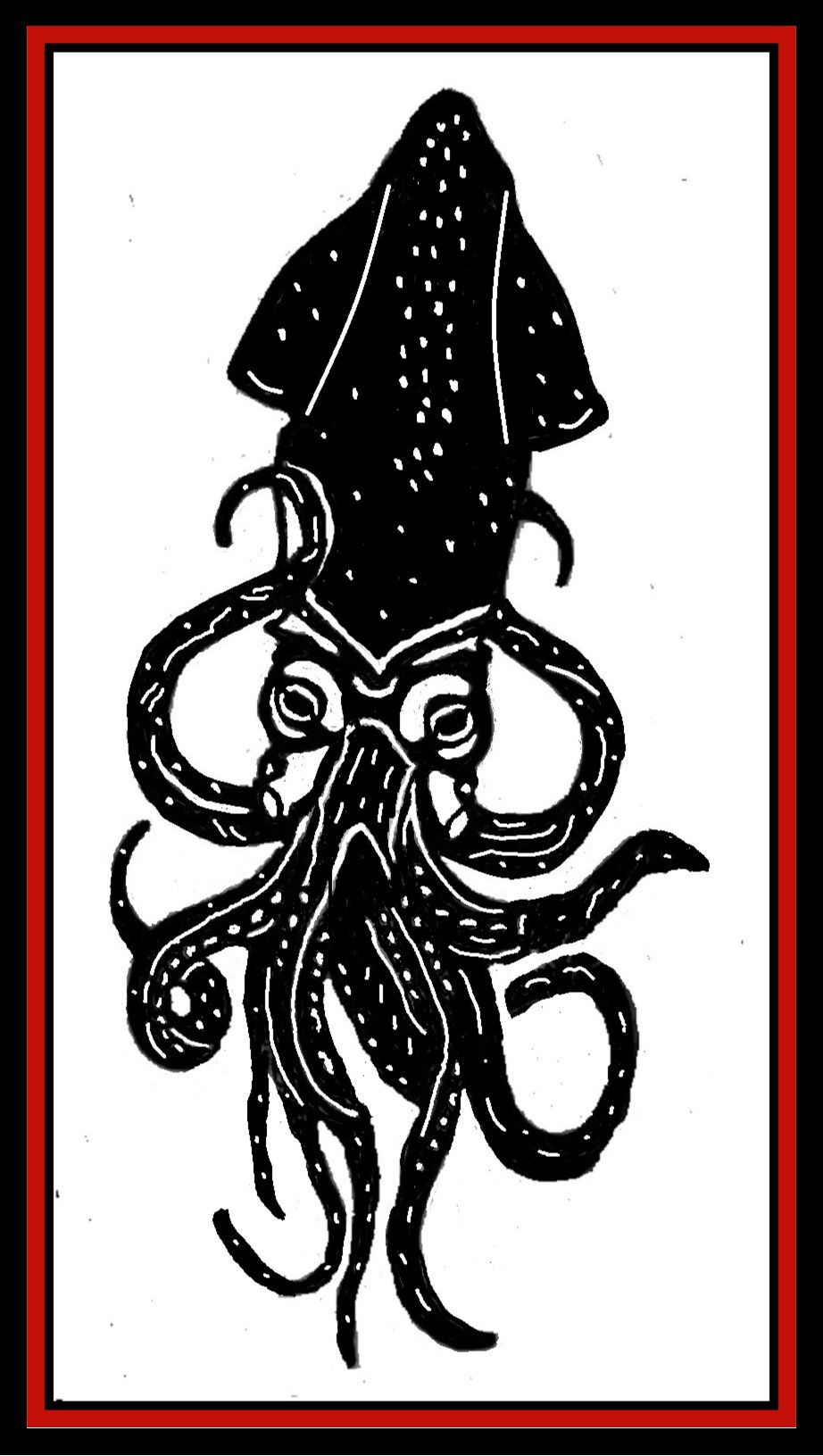 Black squid with curled tentacles on a white background, framed by a thin red border.