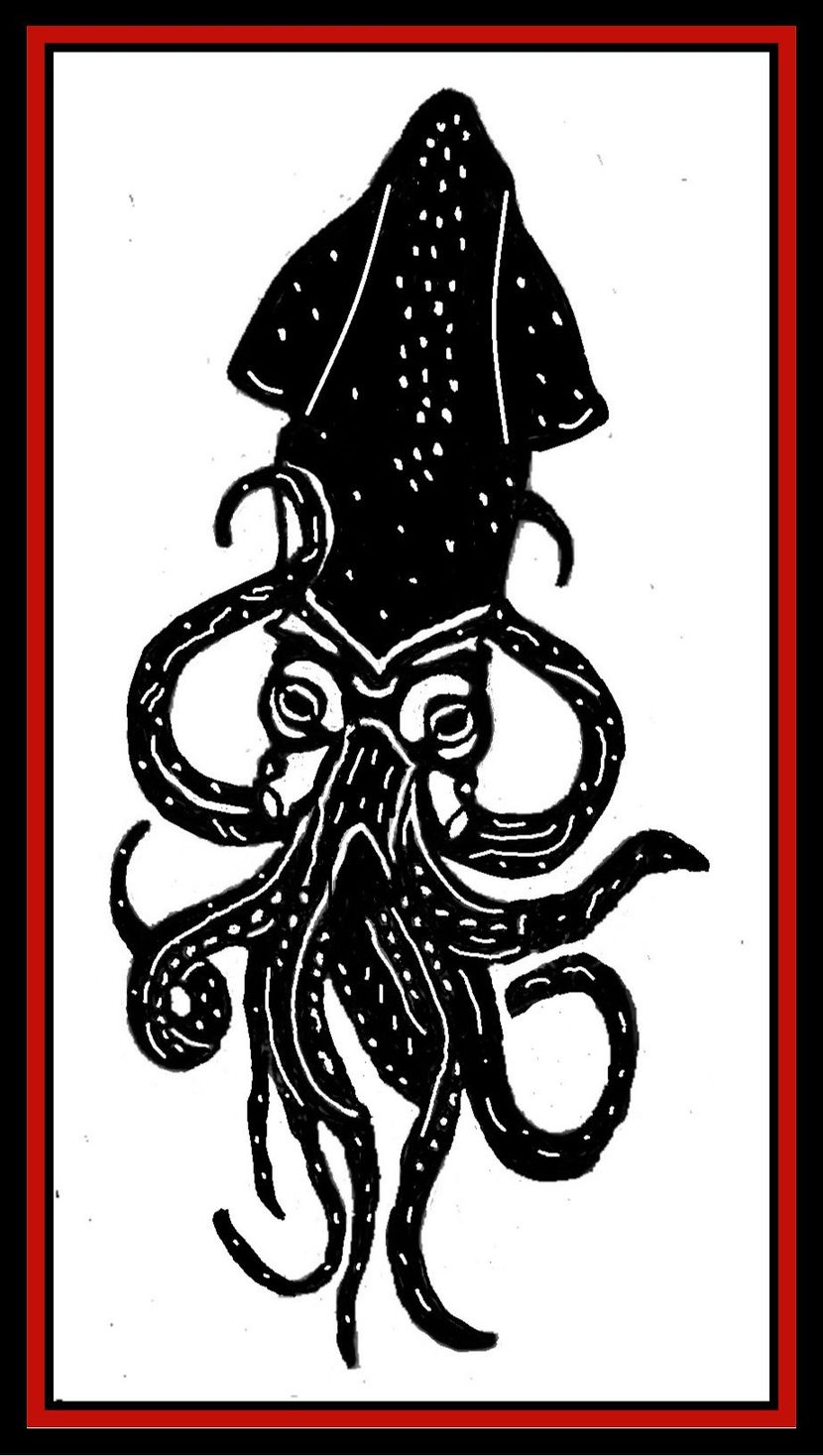 Black squid illustration with curled tentacles inside a red-bordered white frame
