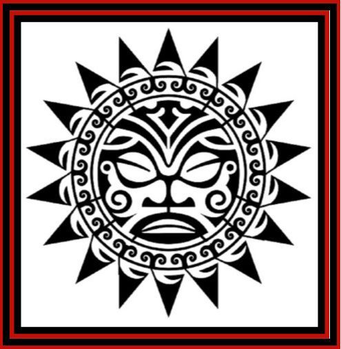 Black tribal sun emblem in a red-and-black bordered square
