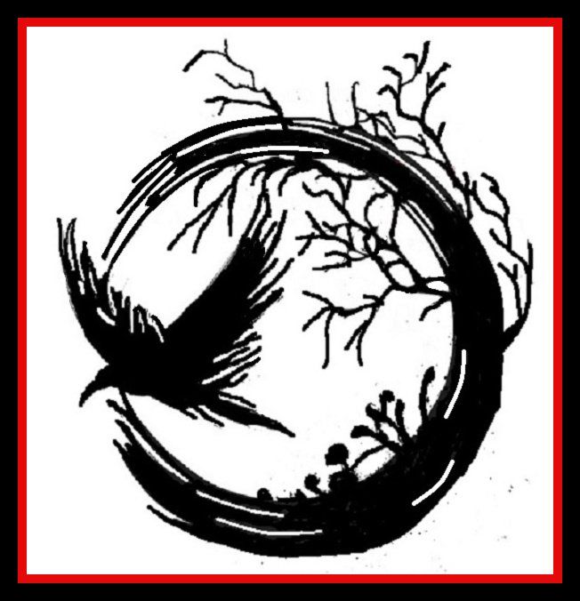 Black brushstroke circle with a bird silhouette and bare tree branches on a white background