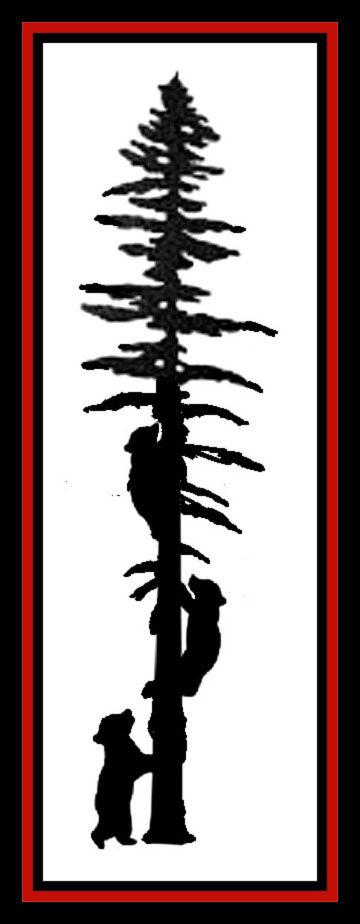 Black silhouetted figures stacked to form a tall tree inside a red-bordered rectangle.
