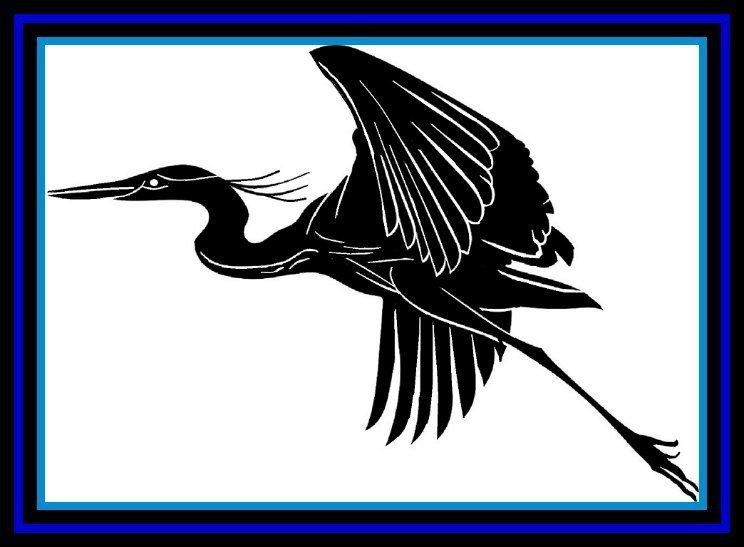 Black heron silhouette in flight within a blue-bordered white frame