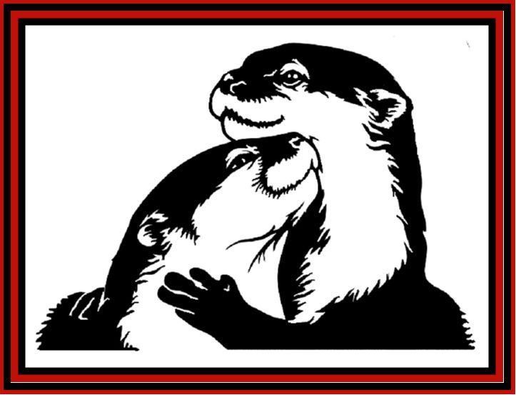 Black-and-white otter embrace illustration in a red-bordered frame