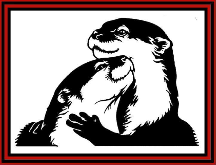 Black-and-white illustration of two embracing otters in a red-bordered frame