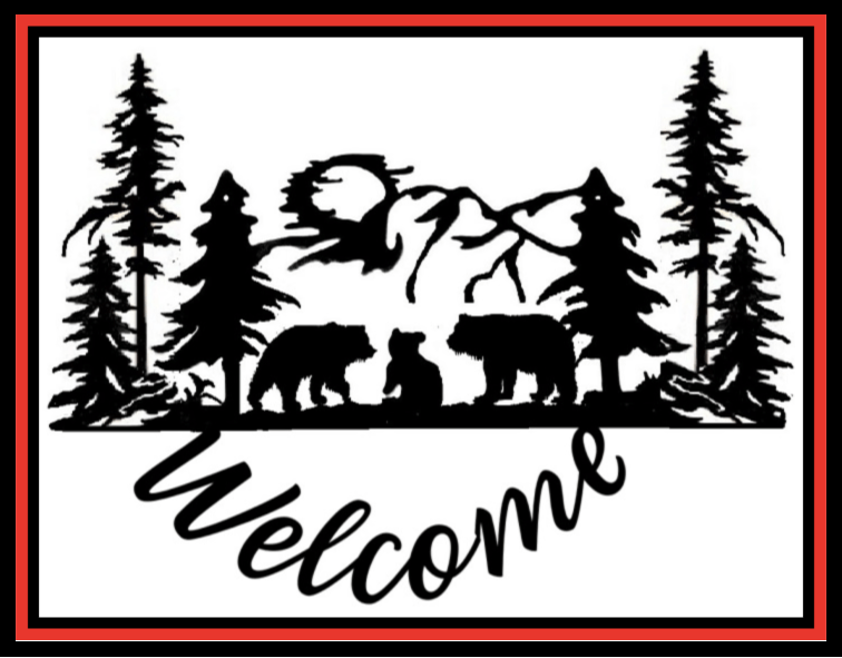 Black wildlife welcome sign with bear, moose, deer, trees, and cursive “Welcome” text