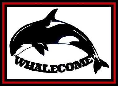 Black and white orca logo with “WHALECOME” text in a red-outlined frame