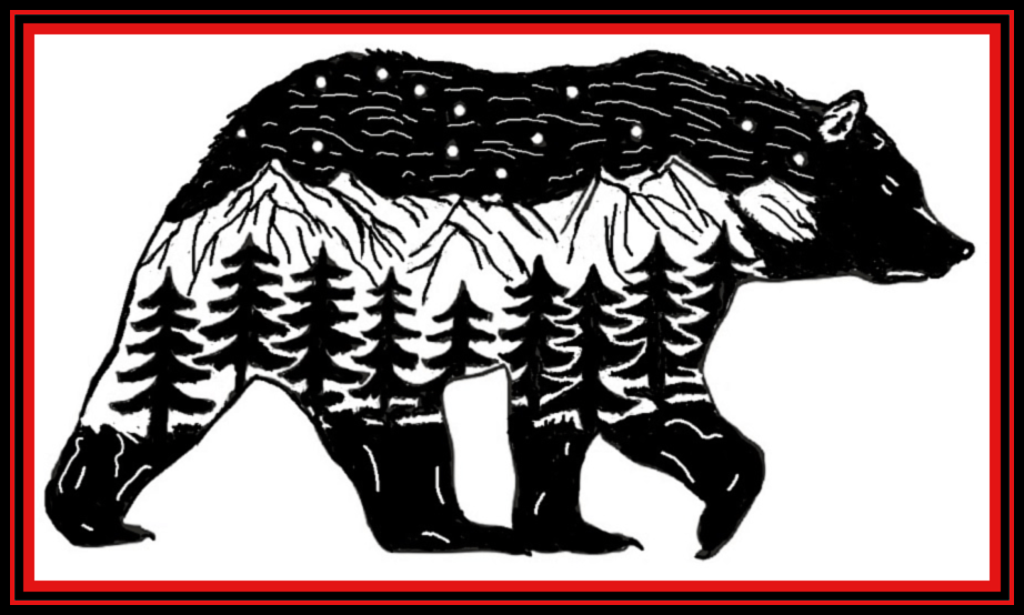 Black bear silhouette with pine trees and mountains inside, framed by a thin red border.
