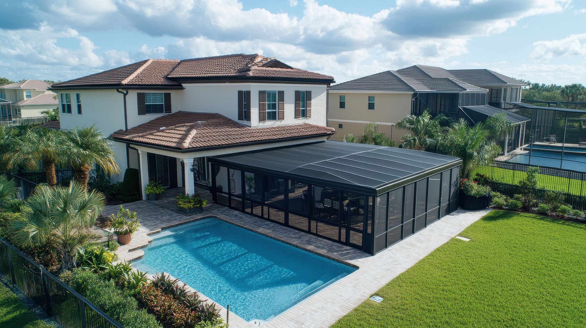 Luxury home featuring a custom pool design and a dark-framed screened patio enclosure outdoors. Luxury home featuring a custom pool design and a dark-framed screened patio enclosure outdoors.