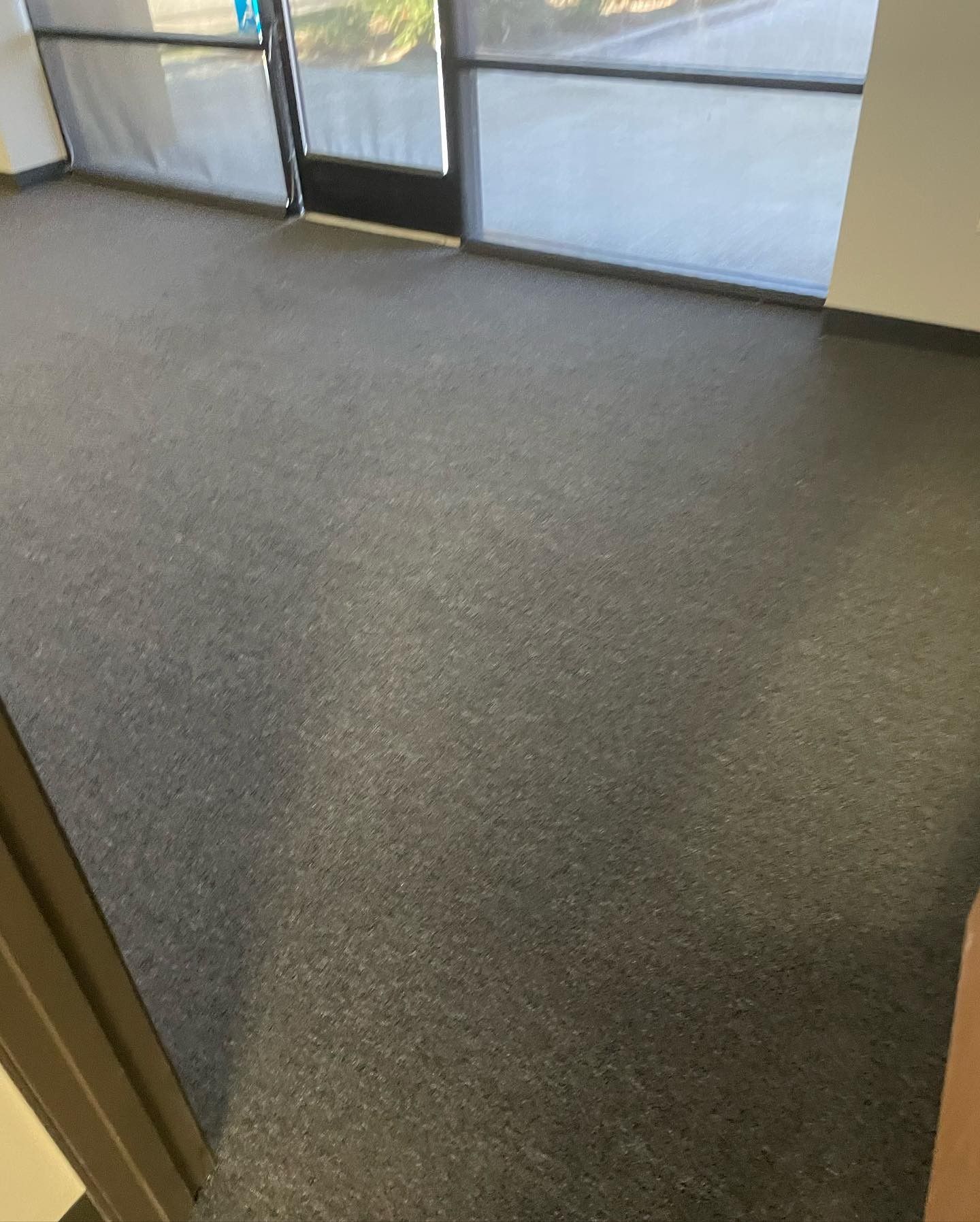 A room with a carpeted floor and a window.