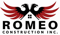 Logo: Romeo Construction Inc. with red roof houses and a hammer, black text.