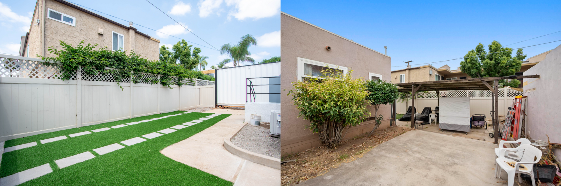 Backyard patio with artificial grass, white wall, potted shrubs, and a covered seating area