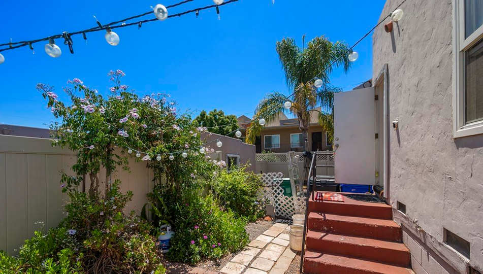 Sunny backyard patio with brick steps, string lights, palm trees, and a blue sky