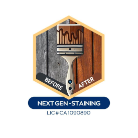 Logo comparing before and after staining: a wood grain brush and a dark stain. The wood is gray before, brown after. Text reads