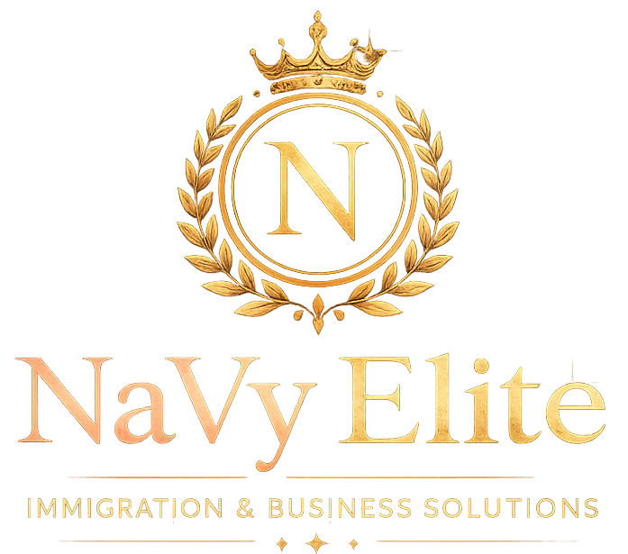 Gold crown and laurel logo with an “N” above the text “Navy Elite Immigration & Business Solutions”