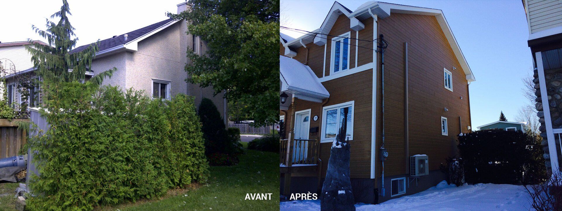 Une photo avant et après d'une maison avec de la neige sur le toit