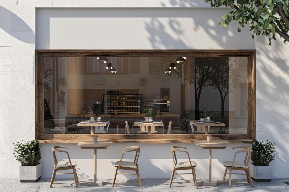Modern café storefront with large glass window, outdoor wooden chairs, and sunlit patio tables