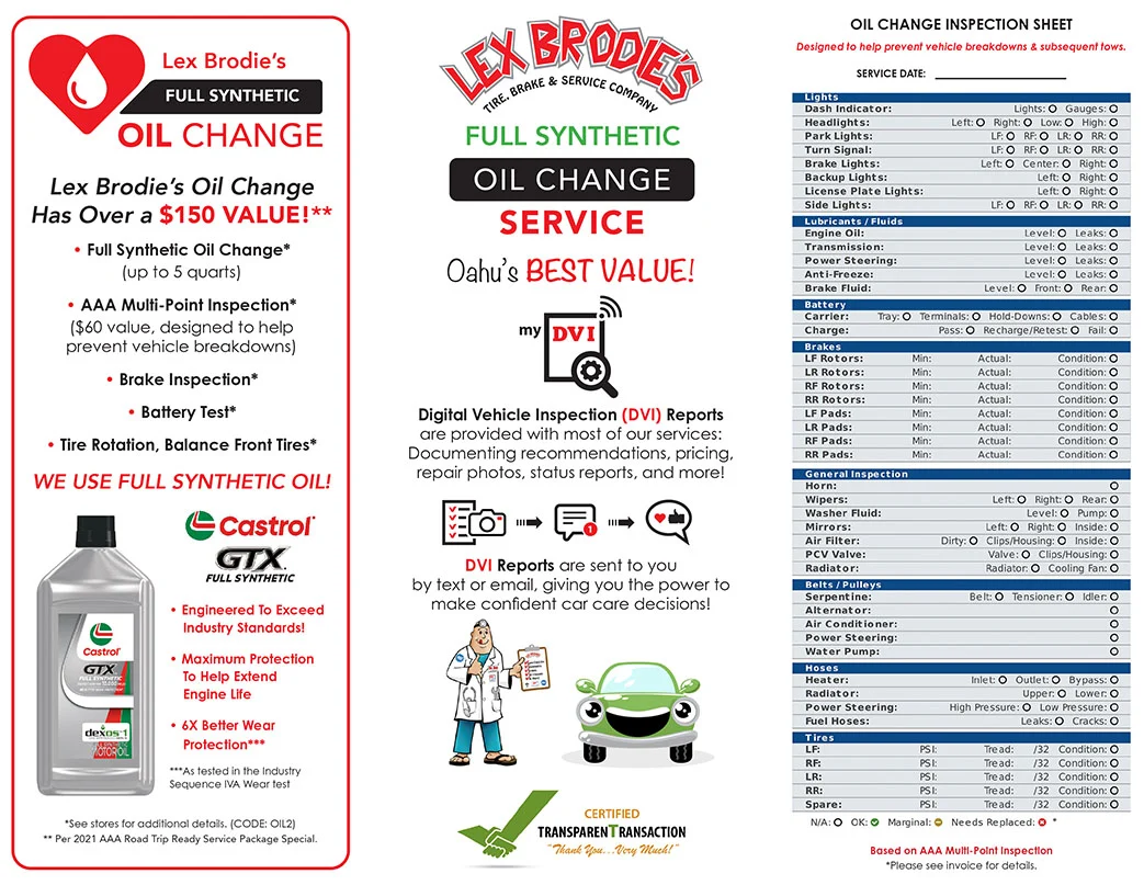 A flyer for lex brock 's full synthetic oil change | Lex Brodies 