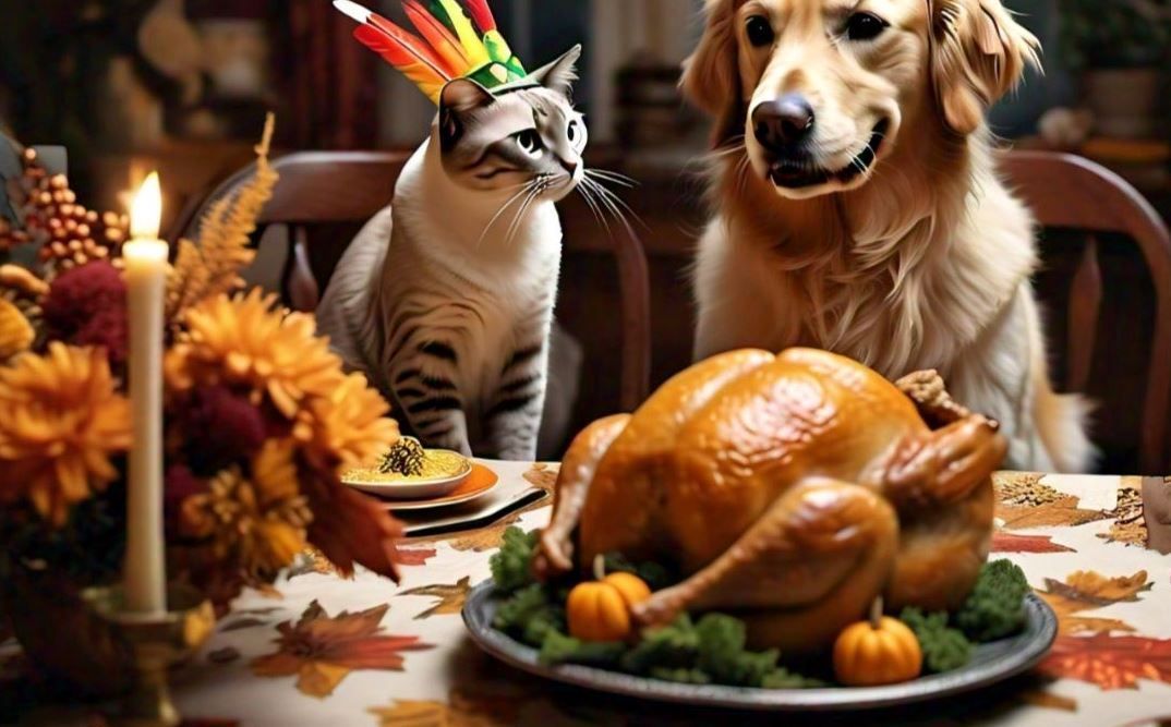 A Dog And A Cat Sitting At A Table With A Turkey On It - Spokane Valley, WA - Your Dirty Dog