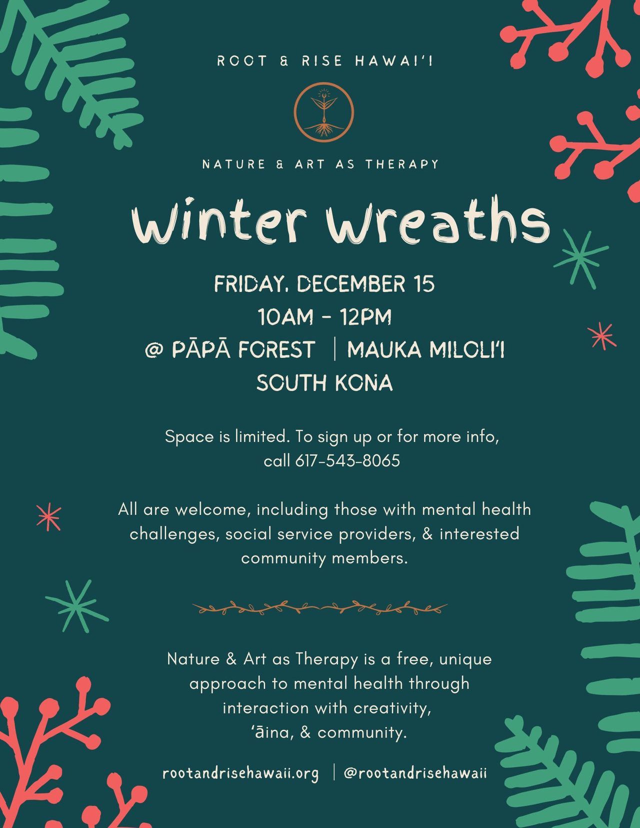 Winter wreaths event flyer with red and green holiday graphics on a teal background.