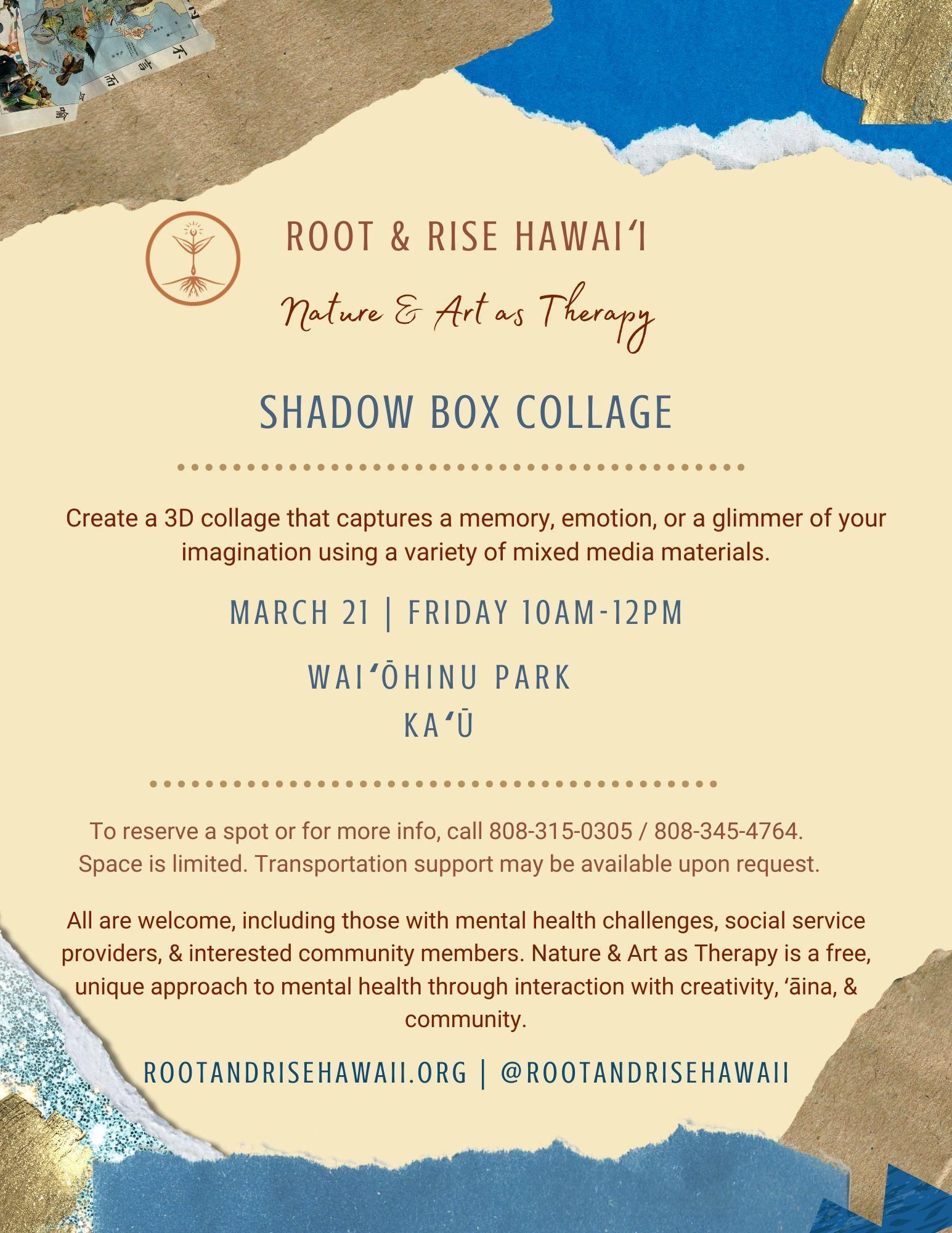 Poster for Root & Rise Hawaii’s Shadow Box College event on a beach-themed background.