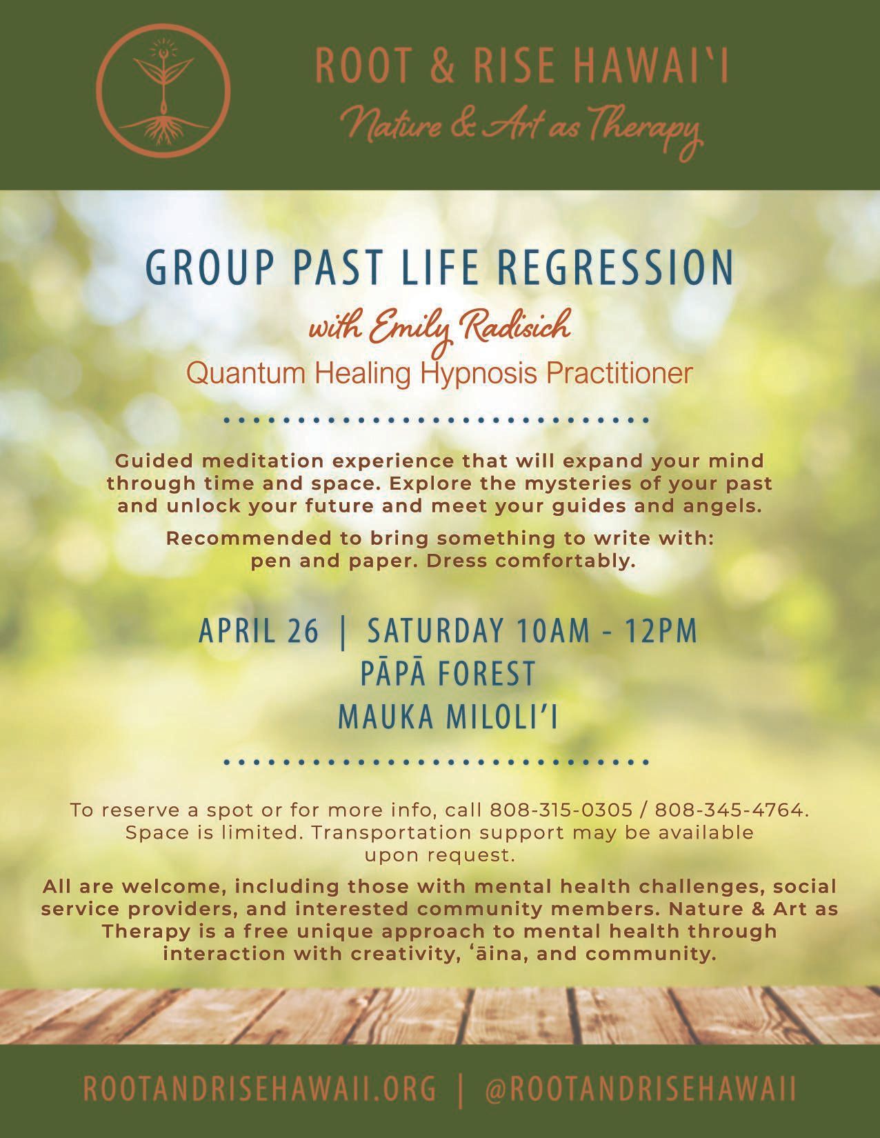 Root & Rise Hawaii workshop flyer for past life regression in Maui, April 26, 10 AM–12 PM