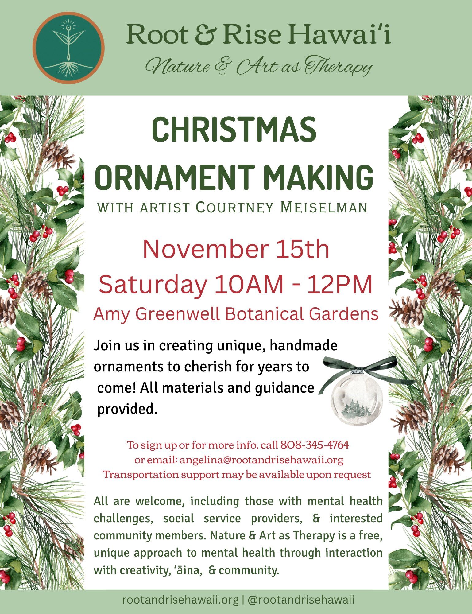 Christmas ornament making event flyer with green holiday decor, Nov. 15, 12–2 PM at Army Greenwell Station Gardens.