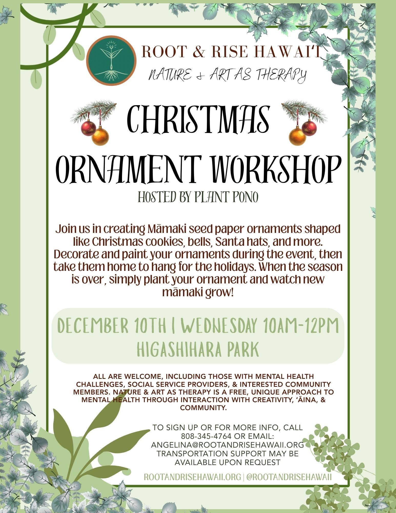 Christmas ornament workshop poster with green botanical border and event details on a white background