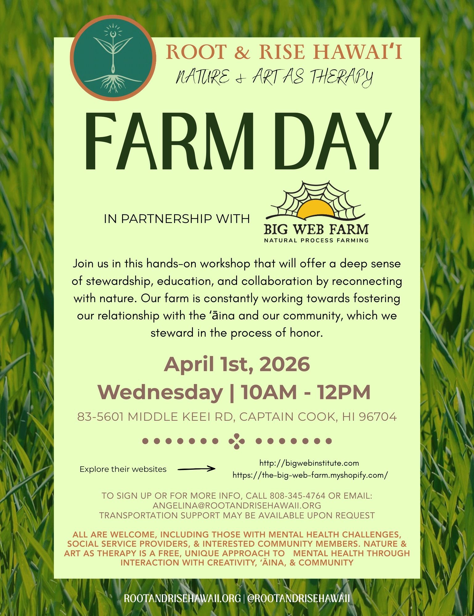 Green Farm Day flyer for Root & Rise Hawaiʻi, featuring April 1, 2026, Wednesday 10AM–12PM.