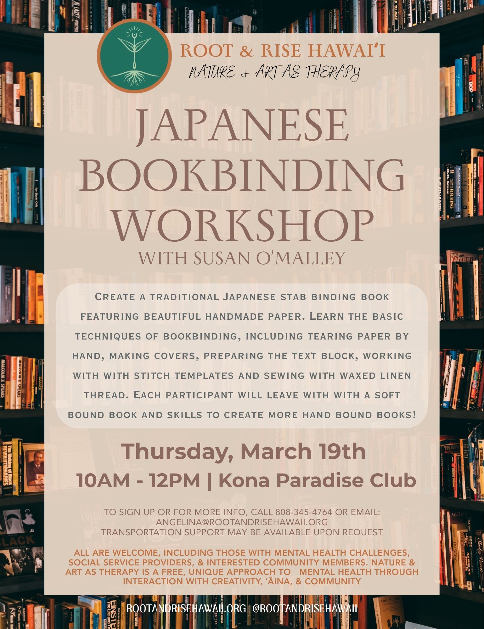 Poster for Japanese bookbinding workshop with Susan Omalley, March 19 at Kona Paradise Club