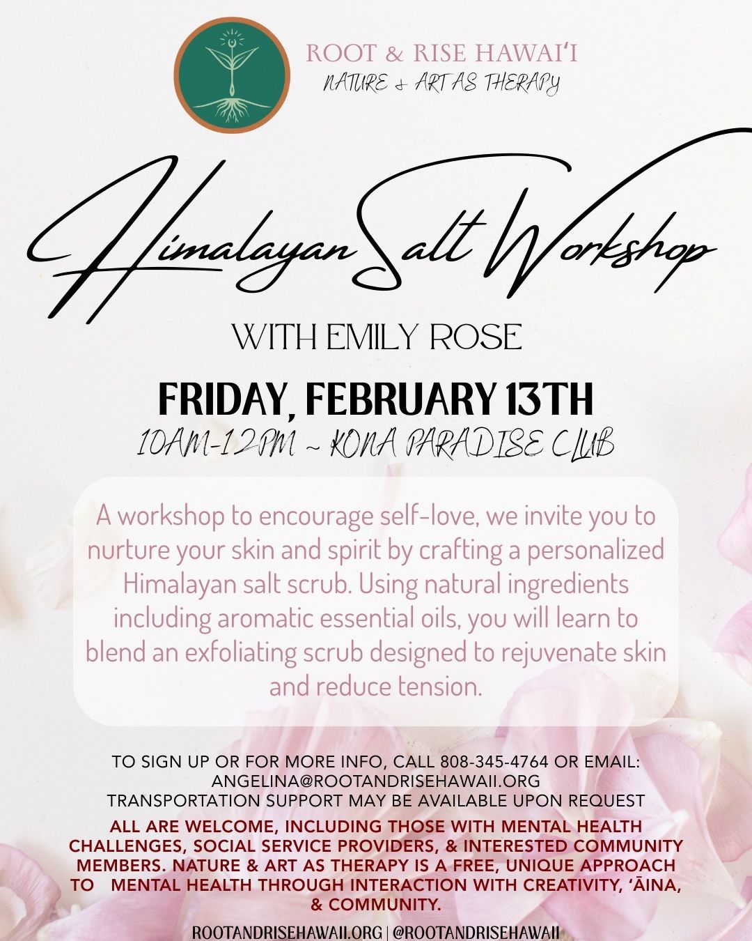 Himalayan salt workshop flyer with Emily Rose, Friday, February 13th, in pink, green, and white.
