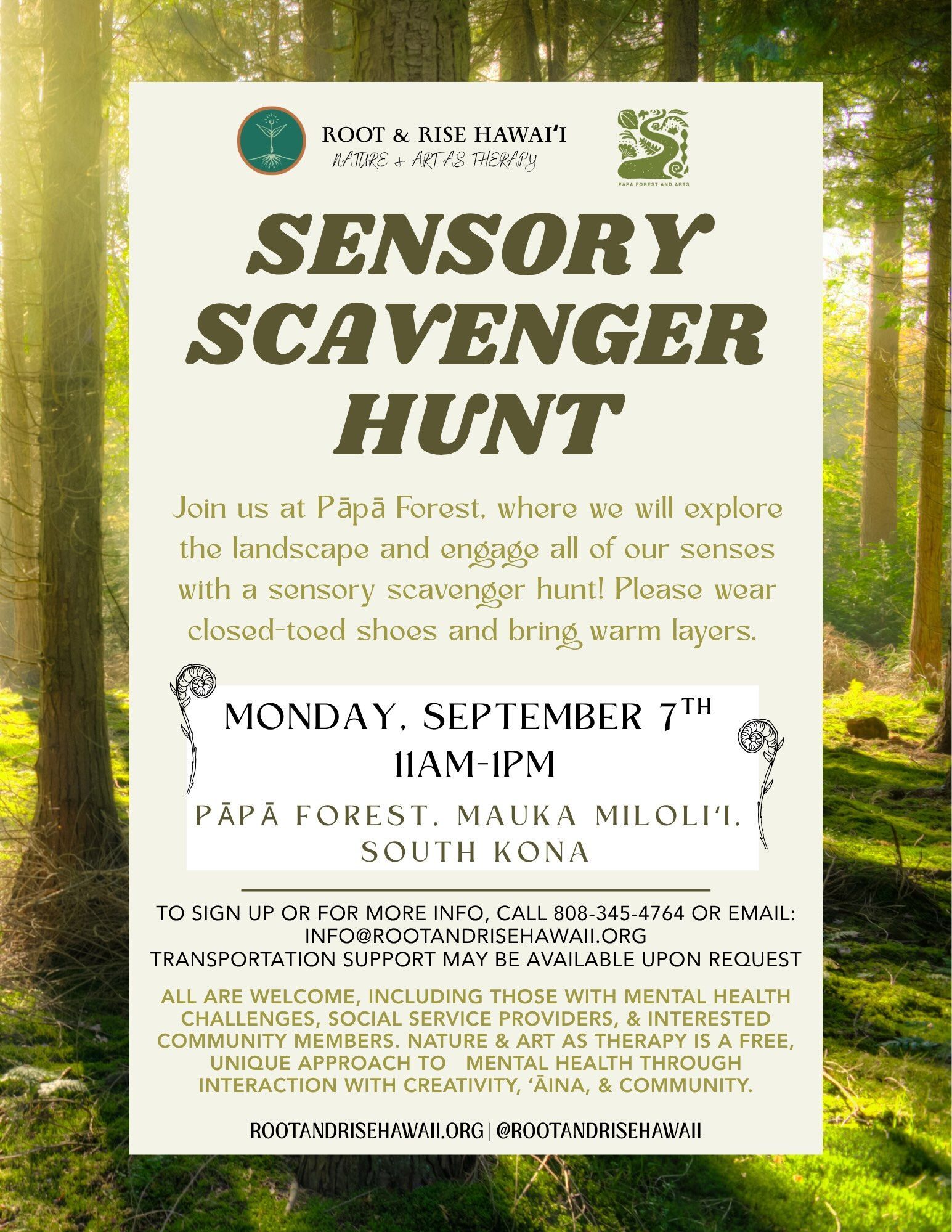 Sensory Scavenger Hunt poster with green and cream text and a leafy border, listing Monday Sept. 7 details