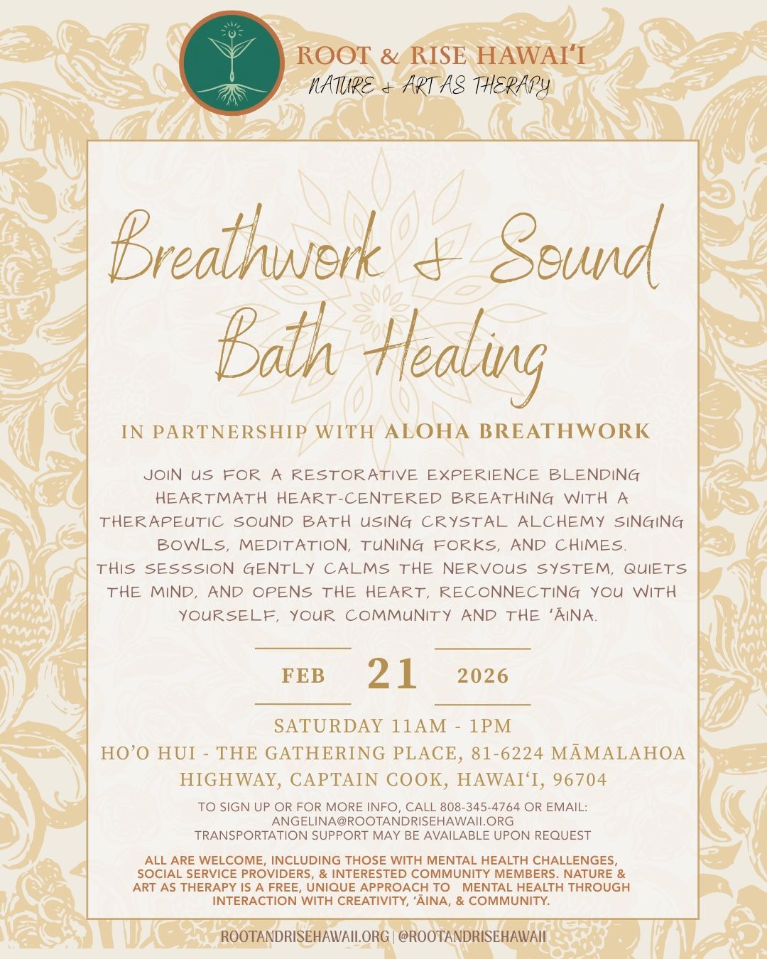 Gold invitation for a breathwork and sound bath healing workshop with dates and event details.