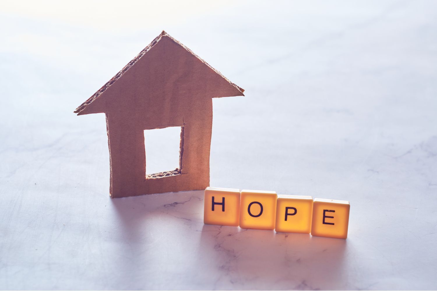 A cardboard house with the word hope written on wooden blocks.