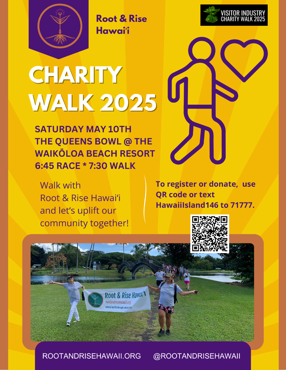 Charity Walk 2025 event poster with purple and yellow design, date, location, QR code, and runners photo