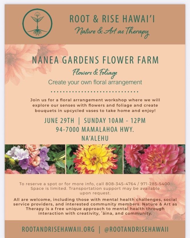 Root & Rise Hawaii floral arrangement workshop flyer with pink flowers and event details in Maunaloa, Hawaii