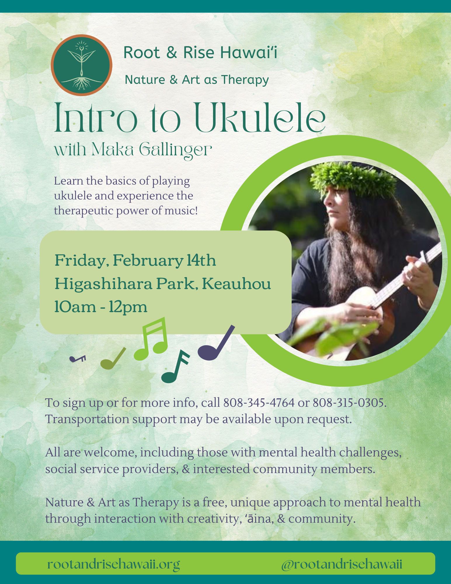 Intro to Ukulele event poster with musician playing outdoors, green theme, Friday February 14 at Higashihara Park, Kahaluu.