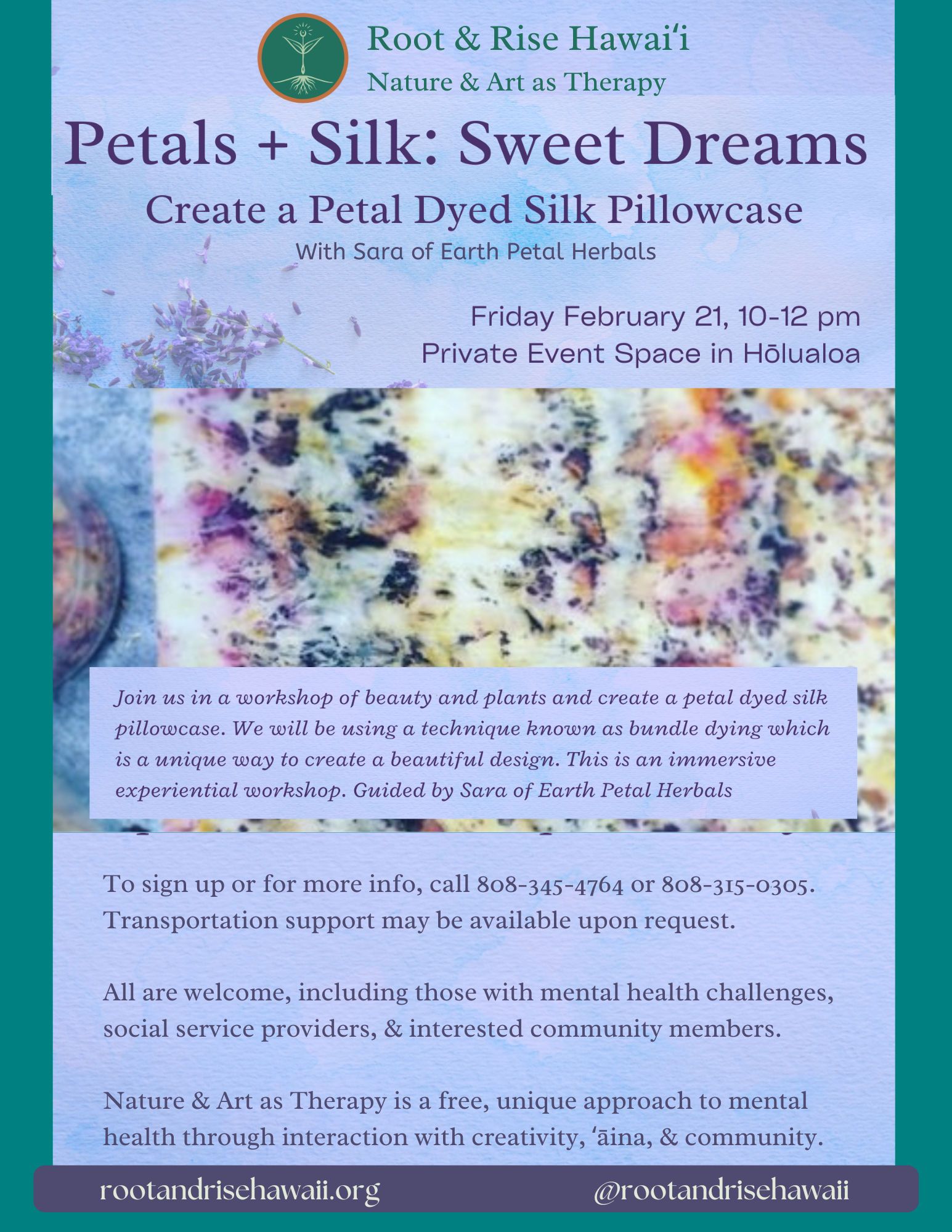 Petal-dyed silk pillowcase workshop flyer with pastel fabric art and event details on a teal background